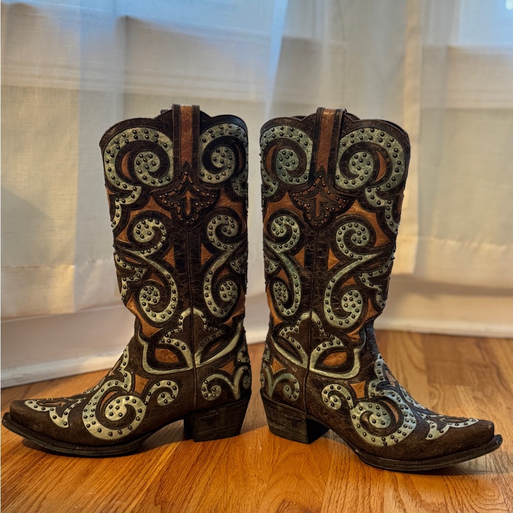 Lane Brown Turquoise Cream Embroidered Western Boots - Picture 2 of 7